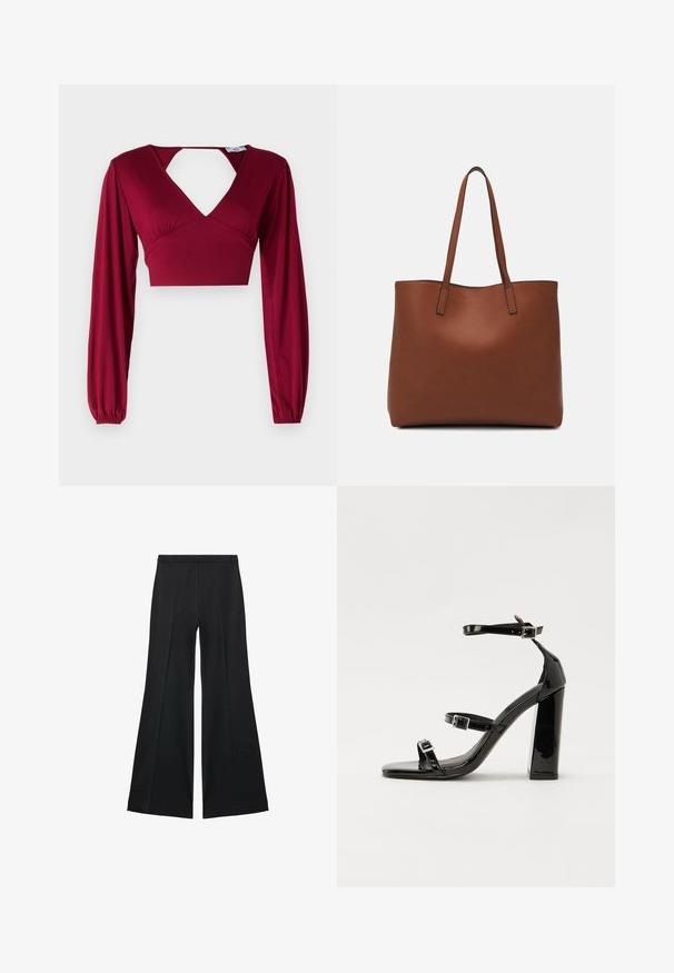 Burgunderfarbener Cropped-Top mit langen Ärmeln und tiefem V-Ausschnitt. Mit einem ausgeschnittenen Rücken und gerafften Details an den Schultern. Glatte Textur.; Schwarze weit geschnittene Hose mit glatter Textur, ausgestattet mit Frontfalten und einem taillierten Design. Der Stoff ist leicht und fließend.; Schwarze patentierte Sandalen mit Absatz, quadratischer Spitze, Knöchelriemen und silbernen Schnallen. Mit einem stabilen Blockabsatz für mehr Stabilität.; Braune Leder-Tote mit glatter Textur, offenem Oberteil und zwei Schulterriemen. Verfügt über minimale Nähte und keine sichtbaren Beschläge.