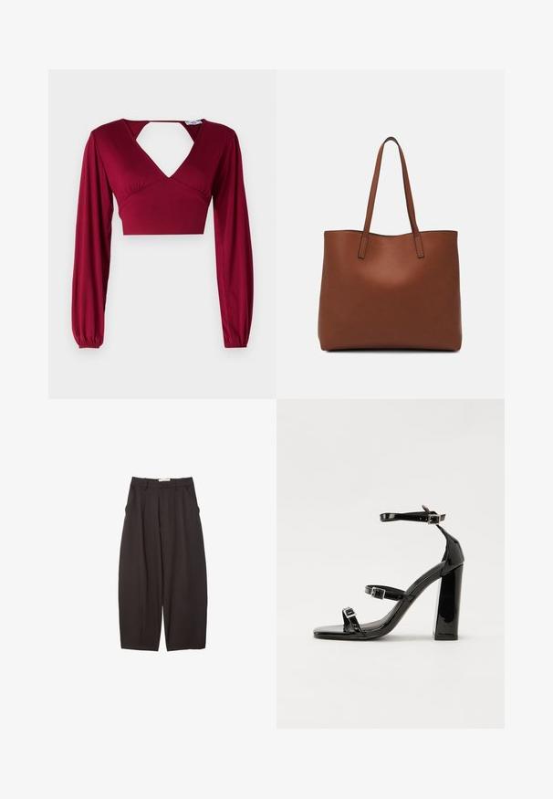 Burgunderfarbener Cropped-Top mit langen Ärmeln und tiefem V-Ausschnitt. Mit einem ausgeschnittenen Rücken und gerafften Details an den Schultern. Glatte Textur.; Schwarze weit geschnittene Hosen aus einem glatten Stoff, mit hoher Taille, Frontfalten und Seitentaschen. Schlichtes Design ohne Verzierungen.; Schwarze Lackleder-Sandalen mit hohen Absätzen, zwei Riemen mit Schnallen, quadratischer Zehenpartie und klobigem Blockabsatz, mit einer glatten, glänzenden Textur.; Braune Leder-Tote mit glatter Textur, offenem Oberteil und zwei Schulterriemen. Verfügt über minimale Nähte und keine sichtbaren Beschläge.