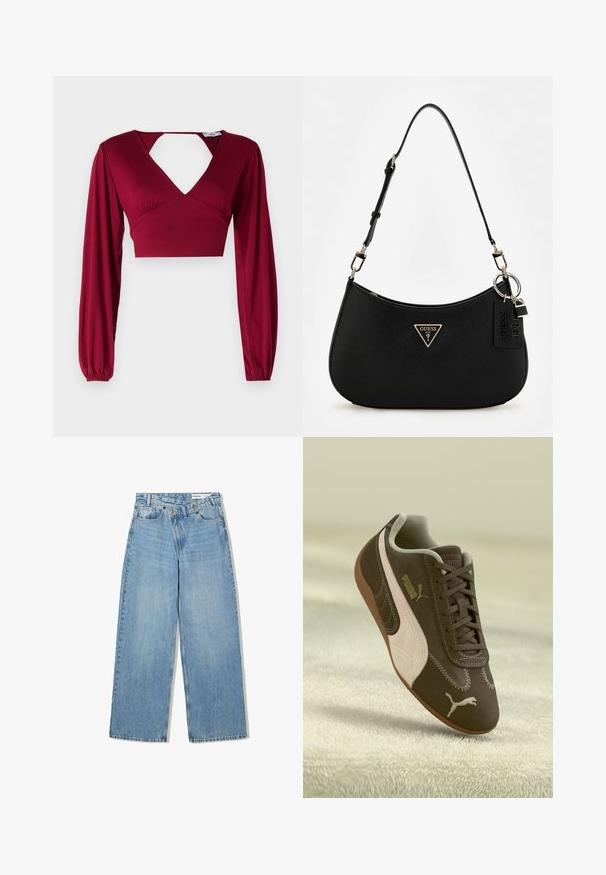 Burgundi színű rövid fazonú top hosszú ujjakkal és mély V-kivágással. Kivágott hátsó résszel és húzott részlet a vállaknál. Sima textúra.; Világoskék, bő szárú farmer nadrág, magas derékkal, öt zsebbel, gombos záródással és finom kopással a textúráért.; Barna Puma sportcipő bézs csíkkal és logóval, fűzős, egy textúrált bézs felületen pihen.; Fekete szintetikus válltáska ívelt sziluettel, texturált kivitelezéssel, arany háromszög logóval és levehető kiegészítőkkel.
