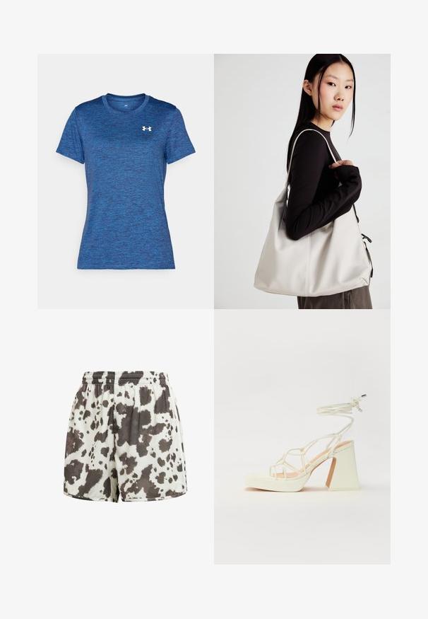 Sinine lühikeste varrukatega spordipaita, millel on tekstuuriga helesinine mustri. Omab ümmargust kaelust ja väikest valget logo rinnal.; Kreemivärvi paelaga lühikesed püksid pruuni ja musta lehmade mustriga. Sile tekstuur, lahtine istuvus, õmmeldud äär ja elastne vöökoht.; Valged kõrge kontsaga sandaalid, millel on paks konts ja rihmadega disain koos pahkluu sidumisega. Sile tekstuur ja platvorm ees, et lisada kõrgust.; Bež käekott pehme materjali, millel on lõtv disain, õmblustega detailid ja kaks õlarihma. Sobib igapäevaseks kasutamiseks.