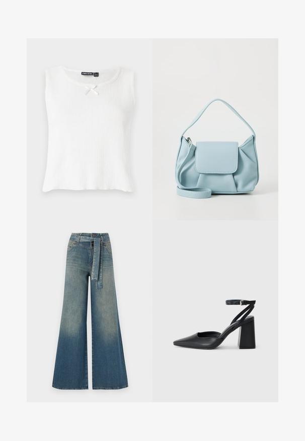 Balta be rankovių palaidinė su pylimo tekstūra, apvaliu iškirpimu ir maža kremine juostele prie apykaklės. Paprastas, nepuoštas dizainas.; Platus džinsinis kelnes su šviesiai tamsiai mėlynu gradientu, aukštu juosmeniu, diržo kilpomis ir atitinkančiu audinio diržu. Textūruotas džinsinis paviršius.; Juoda odinė smailiagalė aukštakulnio bateliai su kulkšnies dirželiu ir storu kulnu. Lygus paviršius, elegantiškas dizainas ir minimalistiška estetinė. ; Šviesiai mėlynas odinis rankinės maišas su viršutiniu rankenėle, priekinė kišenė su užklotu ir nuimamu riešo dirželiu ant baltos fono.