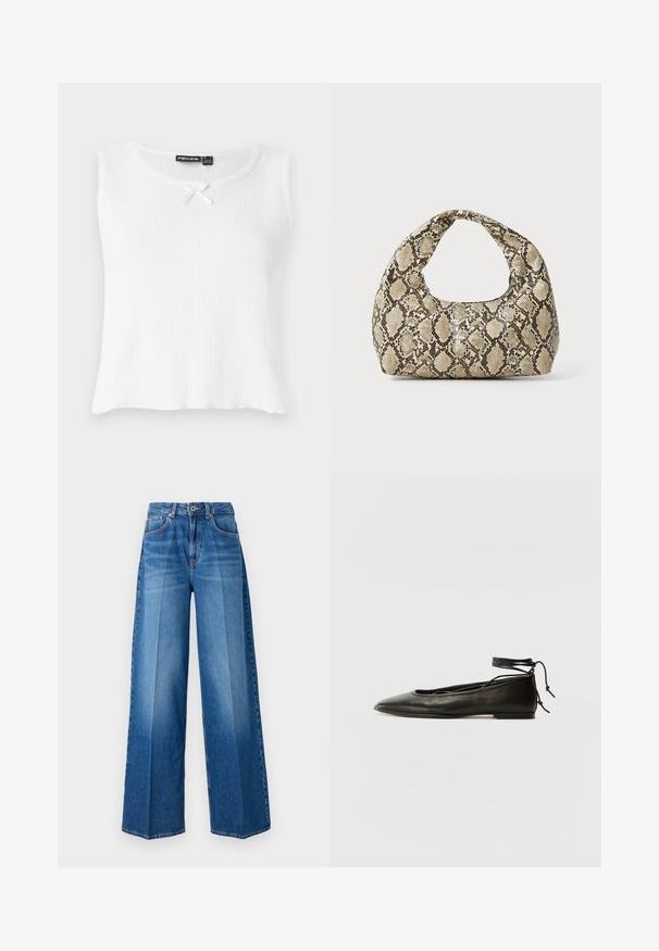 Valge ilma varrukateta topp ribakujundusega, ümar kaelus ning väike kreemjas lipsukaunistus kaela ümber. Lihtne, kaunistusteta disain.; Laiad joped, millel on keskmise sinise pesu värv, klassikaline viie tasku disain, vööloop ja lukuga sulgemine.; Must mustast balletijalatsid, millel on terav nina, pahkluu seotud ja lame tall, sujuva tekstuuri ning minimalistlik disain.; Musta käärmeprindiga kott kõveraga käepidemega. Valmistatud tekstiilsetest, beežidest ja pruunidest materjalidest, millel on iseloomulik rombikujuline muster.