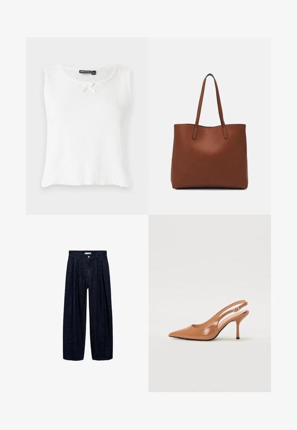 Top alb fără mâneci, cu textură ondulată, decolteu rotund și un mic accent de fundiță crem la guler. Design simplu, fără embellishments.; Pantaloni largi din denim închis, cu pliseuri la talie, având un button frontal și pasaje pentru curea. Textură netedă și design pe întreaga lungime.; Pantofii cu toc slingback, cu vârful ascuțit, dintr-un material tan neted și strălucitor. Prezintă un design cu decupaj curbat și un toc subțire stil stiletto. Detaliu cu cataramă argintie.; Geantă de umăr din piele maro cu o textură netedă, design cu vârf deschis și două curele pentru umăr. Prezintă cusături minime și fără componente metalice vizibile.