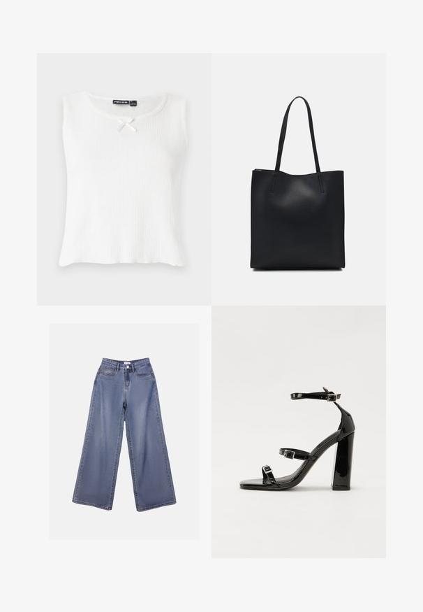Bílý bezrukávový top s žebrovanou strukturou, kulatým výstřihem a malou krémovou mašlí na límci. Jednoduchý, nezdobený design.; Džínové kalhoty s širokými nohavicemi v světle modrém odstínu, s vysokým pasem, předními kapsami a zapínáním na knoflík s poutky na pásek.; Černé lakované sandály na podpatku se čtveratou špičkou, lýtkovými pásky a stříbrnými přezkami. Disponují masivním blokovým podpatkem pro stabilitu.; Černá kožená taška přes rameno s hladkým povrchem, obdélníkovým tvarem a dvěma dlouhými uchy. Žádné viditelné kování ani ozdoby.