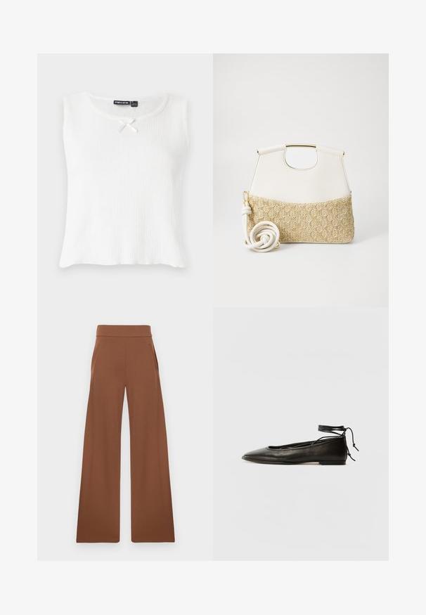 Bílý bezrukávový top s žebrovanou strukturou, kulatým výstřihem a malou krémovou mašlí na límci. Jednoduchý, nezdobený design.; Hnědé kalhoty širokého střihu vyrobené z hladkého, elastického materiálu. Mají vysoký pas a boční kapsy, navržené pro volný střih.; Černé kožené baletky s špičatou špičkou, vázáním na kotníku a plochou podrážkou, s hladkým povrchem a minimalistickým designem.; Bílá kožená kabelka s texturovaným krémovým tkaným dnem. Obsahuje zlatou rukojeť a stočený bílý popruh pro variabilitu.