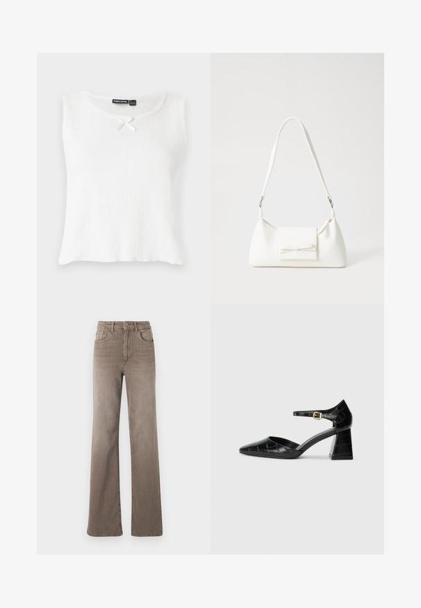 Top branco sem mangas com textura canelada, decote redondo e um pequeno laço creme como detalhe no colarinho. Design simples e sem adornos.; Jeans castanhos de cintura alta, de perna reta, com botão frontal, passantes para cinto e design clássico de cinco bolsos em fundo branco.; Sapato de salto alto em couro envernizado preto com bico apontado, tira no tornozelo e padrão texturizado de crocodilo. Design de salto quadrado.; Mala sintética branca com formato triangular, aba frontal plana e detalhe de laço, alça ajustável, textura suave e design minimalista.