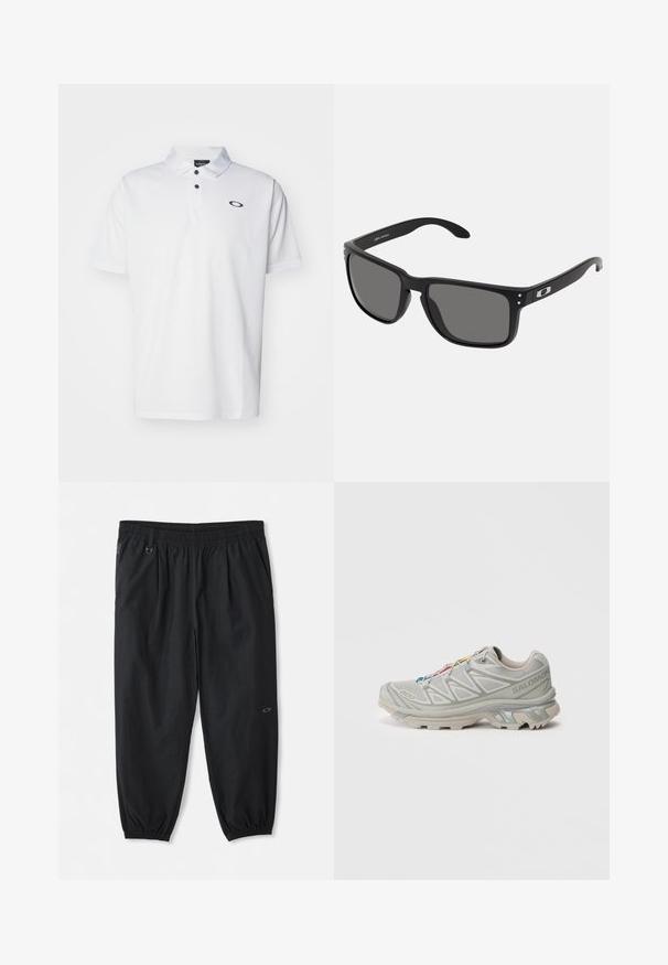 Oakley ICON PROTECT - Polokošeľa - white; Čierne voľné nohavice na elastický pás s bočnými vreckami, elastickými manžetami na členkoch a malým logom na pravej nohe.; Svetlošedá športová obuv s texturovaným sieťovinovým zvrškom, reflexnými akcentmi, výraznou podrážkou a farebnými šnúrkami. Má podpůrny dizajn.; Čierne slnečné okuliare s hrubým plastovým rámom, tmavošedými sklami a jemnými kovovými akcentmi na stranách. Štvorcový tvar s hladkým povrchom.