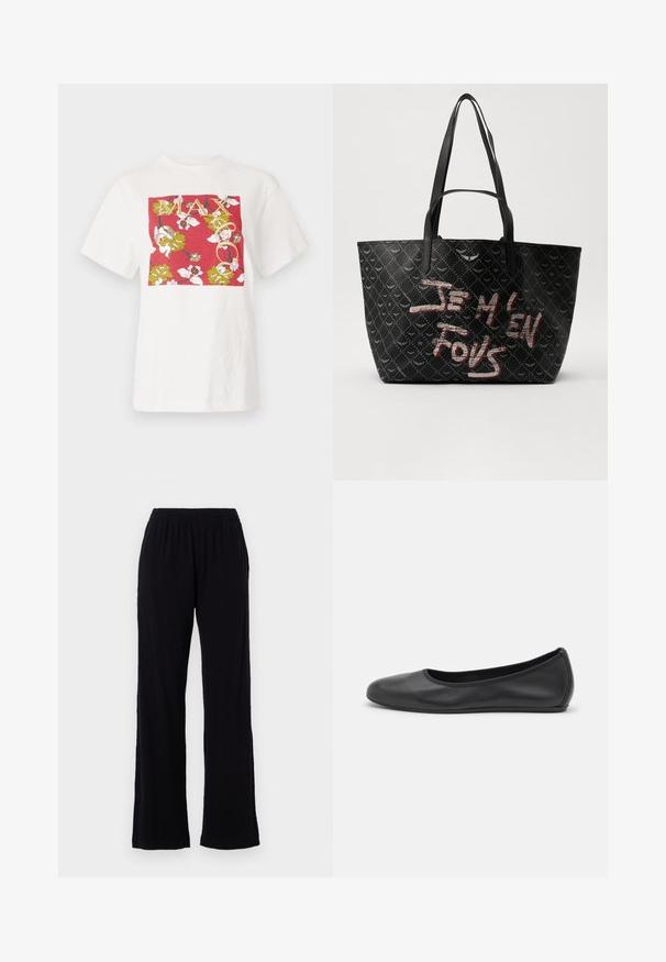 Bílá bavlněná tričko s červenou obdélníkovou grafikou s květinovými vzory a slovem "MAX" ve zlatém písmu, krátké rukávy, volný střih.; Černé, lehké kalhoty s elastickým pasem a rovnými nohavicemi. Měkká textura bez viditelných vzorů nebo akcentů. Jednoduchý a všestranný styl.; Černé kožené baletní byty s kulatou špičkou, hladkou texturou, minimálními švy a flexibilním designem podrážky.; Černá taška přes rameno z texturovaného materiálu s diamantovým vzorem, ramenními popruhy a odvážným červeným a bílým nápisem "JE M'EN FOUS."
