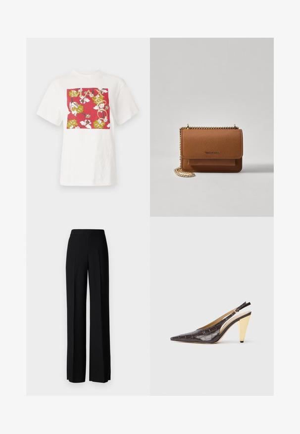 Hvid bomulds t-shirt med et rødt rektangulært grafisk motiv, der viser blomster mønstre og ordet "MAX" i guld bogstaver, korte ærmer, afslappet pasform.; Sorte vide benbukser med en glat tekstur, der har en høj talje og centerfolder. Ingen synlige mønstre eller hardware detaljer.; Spids-tå slingback hæl i mørkebrun blank fake krokodillelæder. Har en guldfarvet geometrisk hæl og justerbar ankelrem.; Brun tekstureret læder crossover-taske med guldkæde-rem og klaplukning. Forsiden har logo-detalje og en lomme under klappen.