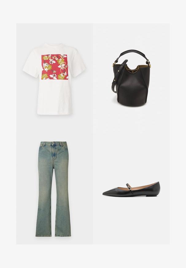 Valkoinen puuvillateepaita, jossa on punainen suorakulmainen graafinen kuvitus, jossa on kukkakuoseja ja sana "MAX" kultaisilla kirjaimilla, lyhyet hihat, rento malli.; Vaalean siniset farkkuflare-housut, joissa on korkea vyötärö, viisi taskua ja vetoketju. Siisti, haalistunut viimeistely ja hienovaraiset ompeluyksityiskohdat.; Musta nahkainen ballerinat, joissa on terävä kärki ja sivuhihna, jossa on pyöreä kultainen yksityiskohta. Kevyet ja litteällä pohjalla.; Mustan nahka-buckettikassi, jossa on teksturoitu pinta, kultaiset metalliosat ja avoin yläosa. Ominaisuuksiin kuuluu lyhyt kahva ja säädettävä olkahihna.