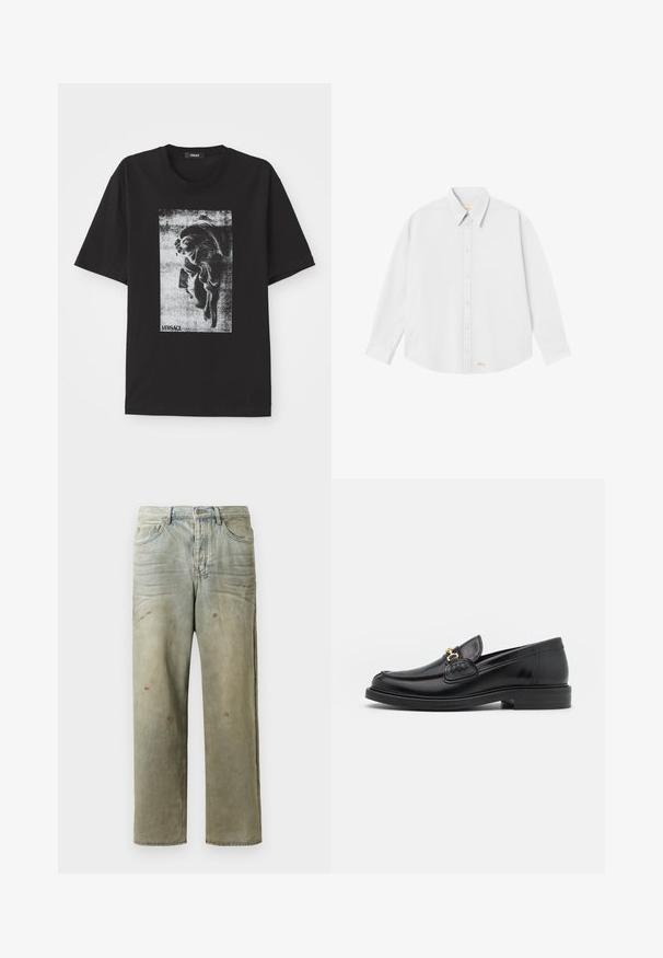 Juodas medvilninis marškinėliai su ryškiu grafiniu atspaudu, vaizduojančiu klasikinį veidą pilkų atspalvių. Apvalus iškirpimas ir trumpomis rankovėmis. Su Versace logotipu.; Balta marškinėliai su apykakle, ilgomis rankovėmis ir suapvalintu apačiu; priekinėje dalyje apatiniame kairiajame kampe pažymėtas mažas oranžinis logotipas.; Šviesiai žaliai nuvarytos džinsinės kelnes, su tiesiomis kojomis, penkių kišenių dizainu, nelygiai blukščiantis ir su dažų lašeliais.; Juodos odinės loafer tipo bateliai su apvaliuku, su auksinėmis detalėmis ir siuvinėjimo akcentais, įrengti ant žemos, tekstūruotos gumos pado.