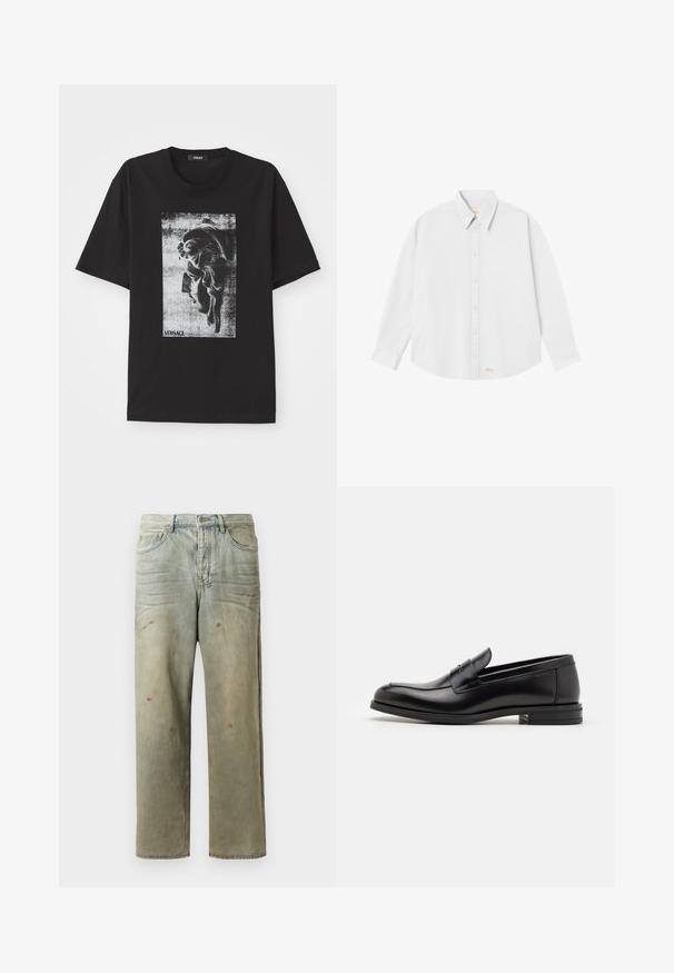 Černé bavlněné tričko s výrazným grafickým potiskem klasické tváře v odstínech šedi. Klasický kulatý výstřih a krátké rukávy. Přítomné logo Versace.; Bílá košile na knoflíky s klasickým límcem, dlouhými rukávy a zaobleným lemem; na dolní levé straně je malá oranžová značka.; Odstřižené džíny v světle zelené barvě, se rovnými nohavicemi, pěti kapsami a nerovnoměrným vyblednutím s barevnými skvrnami.; Černé kožené polobotky s hladkou texturou, zaoblenou špičkou a zdobným páskem přes nárt. Nízký stohovaný podpatek, minimalistický design.