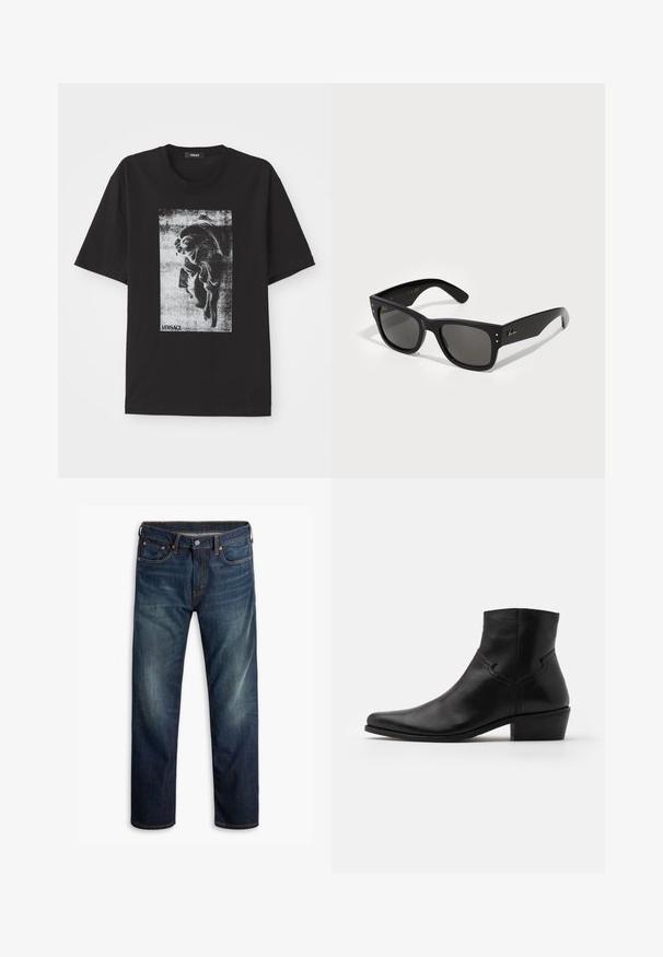 Černé bavlněné tričko s výrazným grafickým potiskem klasické tváře v odstínech šedi. Klasický kulatý výstřih a krátké rukávy. Přítomné logo Versace.; Tmavě modré džíny z denimu s mírným vyblednutím na stehnech, design s pěti kapsami, zapínání na knoflík a viditelné oranžové švy na bílém pozadí.; Černá kožená kotníková bota s špičatou špičkou, minimálním množstvím švů, střední blokovou podpatečkou a hladkým, lesklým povrchem.; Černé sluneční brýle se čtvercovým rámem, se tmavými skly. Akcentovány malými zlatými tečkami a zlatým logem na spánku. Hladký povrch.