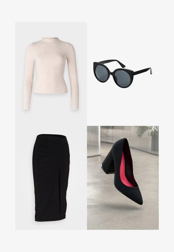 Svijetlopinkasti top dugih rukava s rebrastom teksturom, s oštrim izrezom i obrubom. Uskladeni dizajn od mekog, rastezljivog materijala.; Crna, nabrana suknja olovka s detaljem vezanja i bočnim prorezom. Izrađena od rastezljivog materijala, s glatkom teksturom i prilagođenim dizajnom.; Crna visoka potpetica s oštrim vrhom, teksturiranom površinom i živopisnom ružičastom unutrašnjošću. Ima masivnu potpeticu s srebrnim detaljem.; Crne prenaglašene sunčane naočale u obliku mačjih očiju, s tamnim staklima i sjajnim plastičnim okvirom. Imaju debele krake za dodatnu potporu.