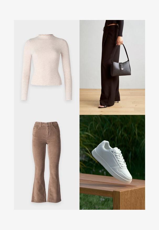Helles rosa Langarmoberteil mit gerippter Textur, das einen gewellten Halsausschnitt und Saum aufweist. Figurbetontes Design aus weichem, dehnbarem Material.; Braune Corduroy Schlaghose mit gerippter Textur, hohe Taille, fünf Taschen und Knopfverschluss vorne.; Weiße Sneaker mit einem glatten, synthetischen Obermaterial, perforierter Zehenbox, flachen Schnürsenkeln und einer strukturierten Sohle, präsentiert auf einer Holzoberfläche.; Schwarze Handtasche mit strukturierter Form, glatter Textur und einem metallischen Verschluss. Kombiniert mit weiten schwarzen Hosen und offenen Sandalen auf einem Holzboden.