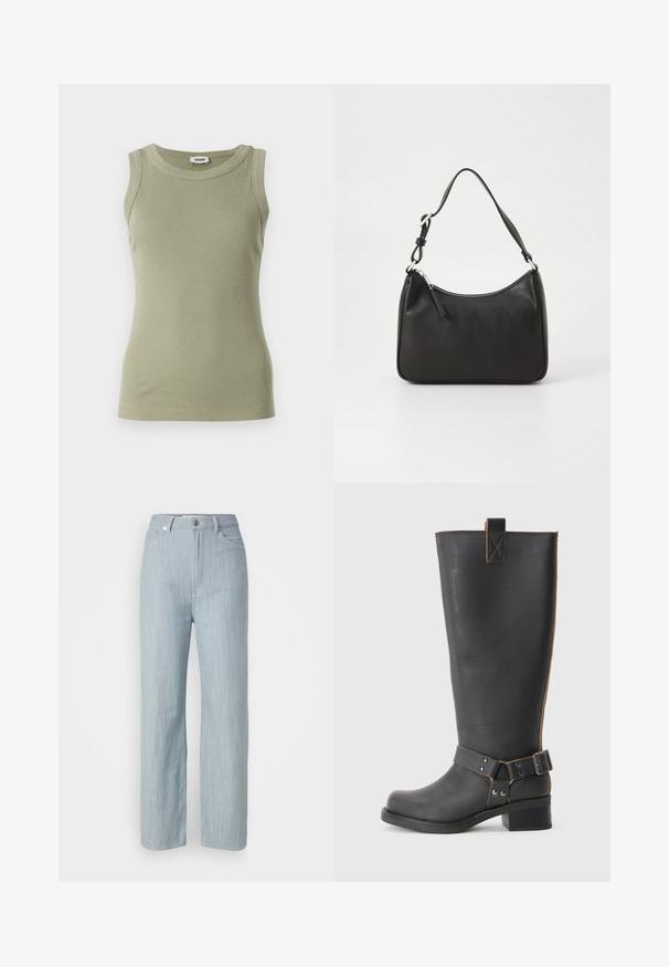 Top verde măsliniu, fără mâneci, din material cu nervuri, cu guler rotund. Fabricat dintr-un material neted, având o siluetă ajustată și detalii de cusut vizibile.; Jeans drepti de culoare bleu deschis, din denim. Prezintă cinci buzunare, un închizător metalic și o ușoară decolorare pentru textură.; Cizmă înaltă din piele neagră, cu un finisaj texturat, având un accent cu cataramă pe lateral și un toc mic. Cusături detaliate de-a lungul cusăturilor.; Geantă de mână din piele neagră, cu o formă curbată, curea unică, închidere cu fermoar și un branding subtil pe față. Textură fină, design minimalist.