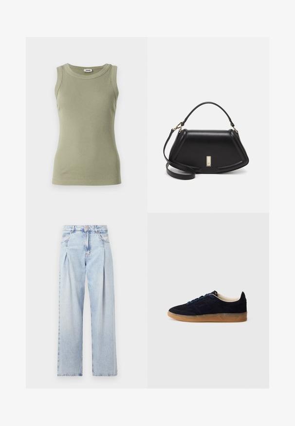 Olive green, sleeveless ribbed tank top with a round neckline. Made of smooth fabric, featuring a fitted silhouette and visible stitching details.; Light blue denim jeans with a high waist, wide-leg cut, two side pockets, and pleated design feature. Soft texture with a faded finish.; Navy suede sneaker with a gum rubber sole, blue laces, and minimalist design. Features embossed logo on the side and smooth inner lining.; Black leather handbag with a structured design, featuring a cropped shape, top handle, and gold hardware accent. Adjustable shoulder strap included.