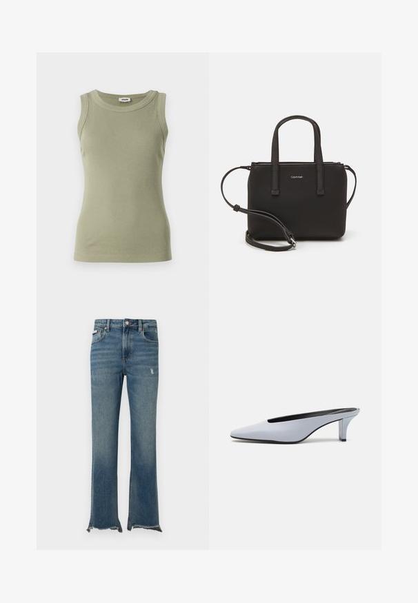 Olivgrünes, ärmelloses, geripptes Tanktop mit Rundhalsausschnitt. Hergestellt aus glattem Stoff, mit figurbetonter Silhouette und sichtbaren Nähdetails.; Blaue Jeans aus Denim mit leichter Used-Optik, rohen, ausgefransten Säumen, Fronttaschen, Gürtelschlaufen und Knopfverschluss.; Helles blaues Lackleder-Mule mit spitzem Zehenbereich, niedrigem transparentem Absatz und einem eleganten Design, das einen Ausschnitt im Vorderblatt aufweist.; Schwarze Handtasche mit zwei kurzen, doppelt geflochtenen Griffen und einem abnehmbaren Schulterriemen. Glattes, lederähnliches Material mit einem Reißverschluss und Logodetail.