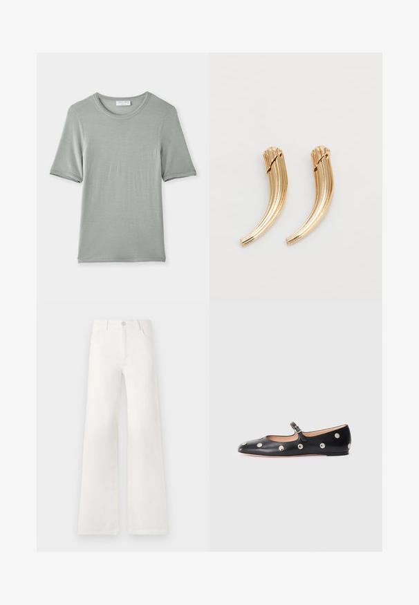Šviesiai pilkas trumpomis rankovėmis apvalios iškirptės marškinėliai, pagaminti iš minkštos medžiagos su lygia tekstūra ir subtiliu siuvinėjimu ant rankovių bei kaklo.; Balsviesti, aukštu liemeniu plačiakelnės džinsinės kelnės. Jos turi mygtukų užsegimą, dvi priekinės kišenes ir siūlams su siuvinėtojais.; Juodų odinių Mary Jane plokščių batų su apvaliu pirštu, papuoštų sidabriniais apvaliais nagais ir reguliuojamu dirželiu su sagtimi.; Auksinės spalvos metalinės plaukų segtukai su išlenktai briaunota struktūra. Lygus paviršius su blizgiu apdaila ir suapvalintais galiukais. Parodyti du vienetai.