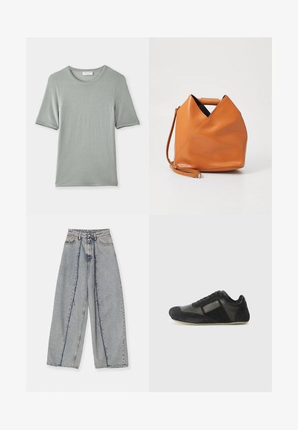 Lühikeste varrukatega, ümmarguse kaelusega t-särk helesinise halli värviga, valmistatud pehmest kangast, millel on sujuv tekstuur ning peened õmblused varruka- ja kaeluse ääres.; Heledad sinine laiem jalgadega teksad, millel on friteeritud servad, kõrge vöökoht ja kontrastsed õmblused. Valmistatud denimist, näidates lahedat sobivust ja minimaalset kulumist.; Mustad mustussportlik king, millel on samet ja nahast materjalid. Omab ümmargust varvast, nööbiga sulgemist, tekstureeritud detaile ning paindlikku talla.; Koor tan värvi nahast käekott ainulaadse kolmnurkse voldi disainiga, ülemine käepide ja eemaldatav õlavarre rihm valgel taustal.