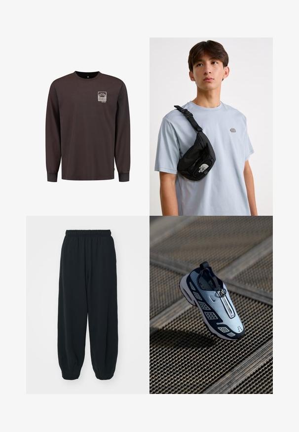 Majica z dolgimi rokavi v temno rjavi bombažni tkanini, z belim potiskanim soncem in valom na prednji strani žepa na levi strani prsnega koša. Okrogla ovratnica, ravna prileganje.; Črne, elastične hlače za prosti čas z ohlapnim krojem, manšetami na gležnjih, gladko teksturo in brez vidnih vzorcev ali dodatkov.; Nike superge imajo zasnovo za enostavno obuvanje z svetlo modrim zgornjim delom, črnimi akcenti in perforiranimi stranskimi ploščami. Imajo okroglo konico in teksturiran podplat.; Črn najlonov crossbody nahrbtnik z nastavljivim paščkom, ki ima vidno belo logotip. Nosi se čez svetlo modro majico. Preprost, funkcionalen dizajn.