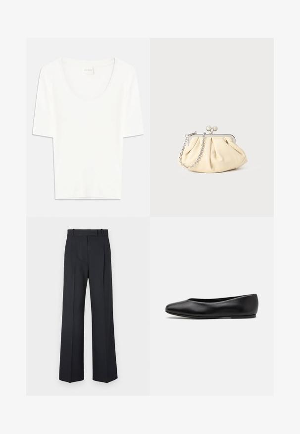 Balta trumpomis rankovėmis marškinėliai su apvaliu iškirpimu. Pagaminti iš minkštos medvilnės, jie pasižymi laisvu siluetu ir minimalistiniu dizainu.; Tamsiai mėlynos juostelės kelnės su aukštu liemeniu, plačiomis kojomis ir be matomų detalių ar puošmenų. Sklandus audinys ir pritaikytas siluetas.; Paul Smith TOPANGA - Balerinos stiliaus laivutės - black; Plyšiniai smėlio spalvos odiniai rankinukai su sidabriniu metaliniu rėmu, turintys du apvalius dekoratyvinius užtrauktukus ir sidabrinę grandinėlę.