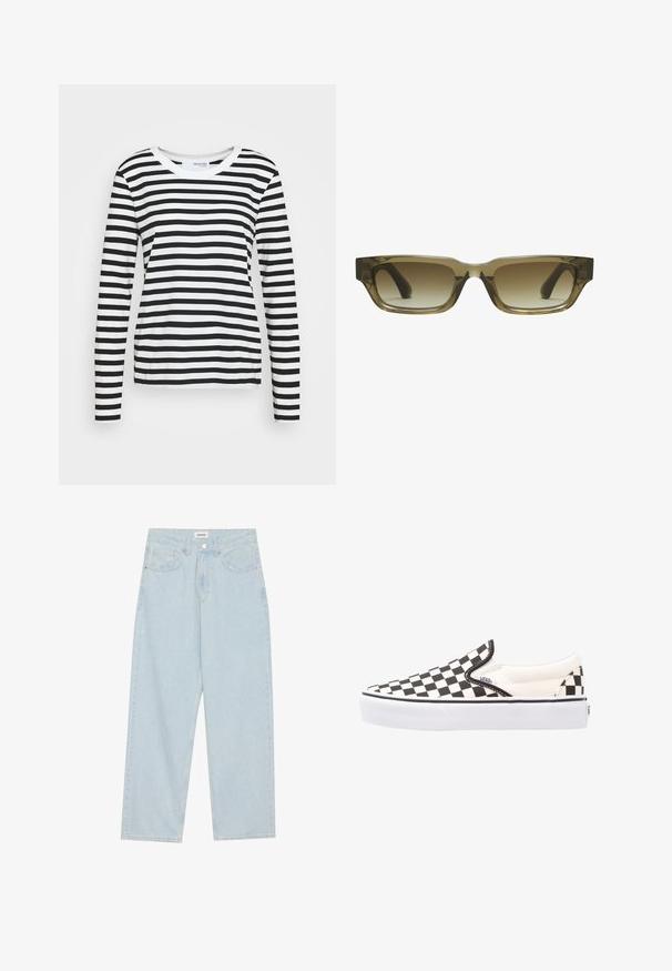 Schwarz-weißer gestreifter Langarmshirt mit Rundhalsausschnitt und lässiger Passform. Baumwollmaterial mit glatter Textur.; Helle blaue weit geschnittene Jeans aus Denim, mit mittelhoher Taille, fünf Taschen und einem Knopfverschluss mit einem schlanken Metallelement.; Schwarz-weiße karierte Slip-On Vans-Schuhe mit einem Obermaterial aus Canvas, Gummisohle und gepolstertem Kragen. Flache, runde Zehenpartie mit weißen Sohlenakzenten.; Braune Gradient-Sonnenbrille mit rechteckiger Form, dicken, klobigen Rahmen und schwarzen Bügeln. Das transparente braune Material verleiht Dimension.