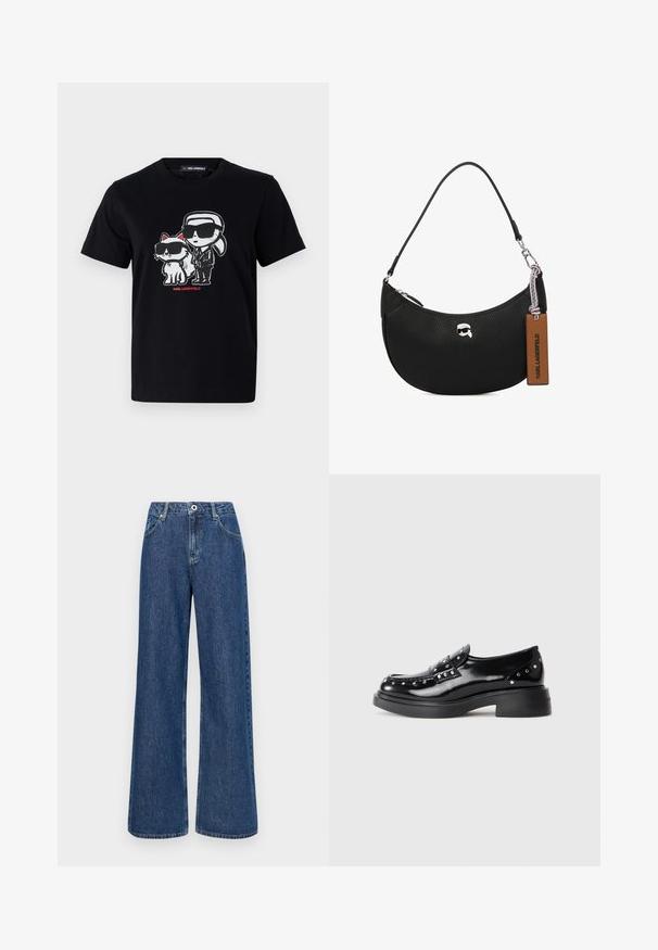 Černé bavlněné tričko s grafickým potiskem postavy a kočky, oba nosí sluneční brýle, s červeným textem pod nimi.; Široké modré džíny s vysokým pasem, s předními kapsami a jedním knoflíkem. Texturovaná látka s viditelným švem.; Černé lakované kožené mokasíny se zdobnými stříbrnými nýty, kulatou špičkou, nízkým blokovým podpatkem a hladkým lesklým povrchem.; Černá kožená kabelka s tvarovanou texturou, zakřiveným tvarem, horním zipovým uzavřením, stříbrnými kovovými doplňky a hnědou visačkou. Obsahuje akcent s logem.