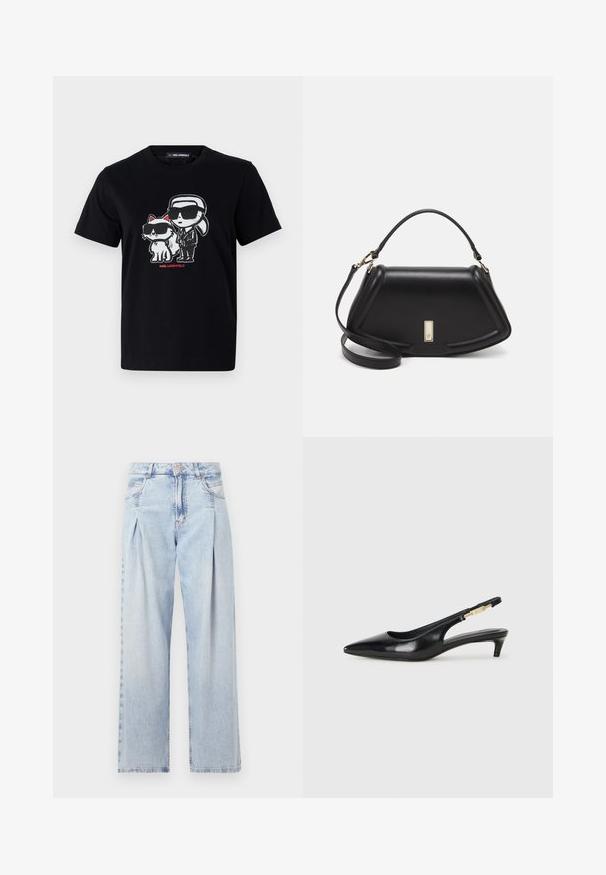 Črna bombažna majica s grafičnim potiskom lika in mačke, ki nosita sončna očala, z rdečim besedilom spodaj.; Svjetloplave traperice visoko struka, širokog kroja, s dva bočna djepa i naboranim dizajnom. Mekana tekstura s izblijedjelim završetkom.; Črne usnjene sandale na peto z ostro konico, ki imajo tanko peto in zlat ton na nastavljivem traku. Gladka tekstura.; Črna usnjena torbica s strukturnim dizajnom, ki ima skrajšano obliko, zgornji ročaj in zlate dodatke. Vključena je nastavljiva ramenska naramnica.