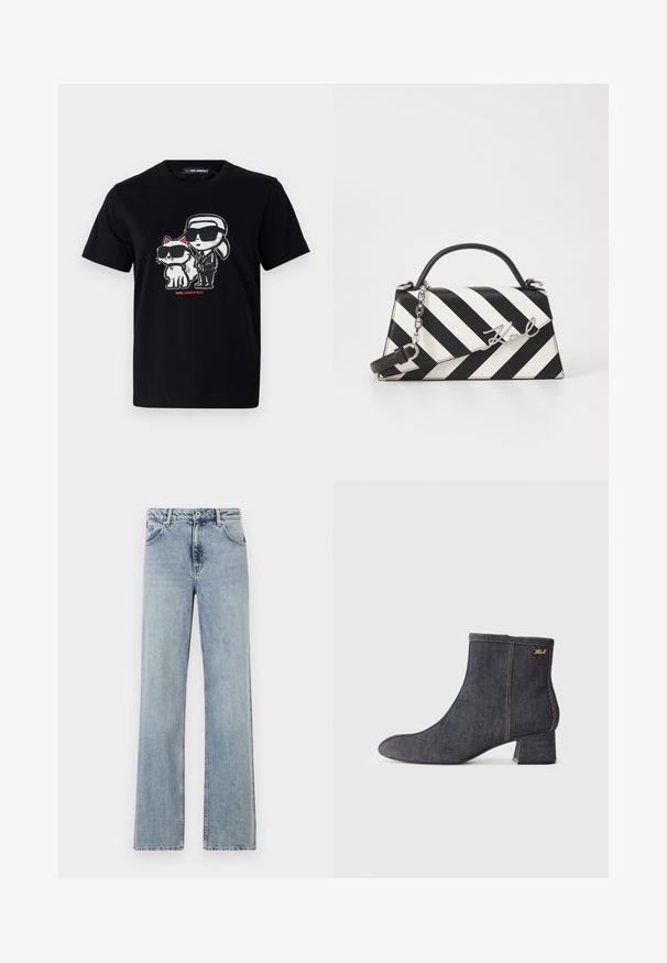 Black cotton t-shirt featuring a graphic print of a character and a cat, both wearing sunglasses, with red text below.; Light blue, wide-leg jeans made of denim. Features a button and zip closure, front pockets, and subtle fading. Clean hems.; Dark denim ankle boot with a pointed toe, block heel, visible stitching, and a subtle brand logo on the side. Smooth texture.; Black and white striped handbag with a structured shape, featuring a top handle, a detachable chain strap, and metallic logo accent.