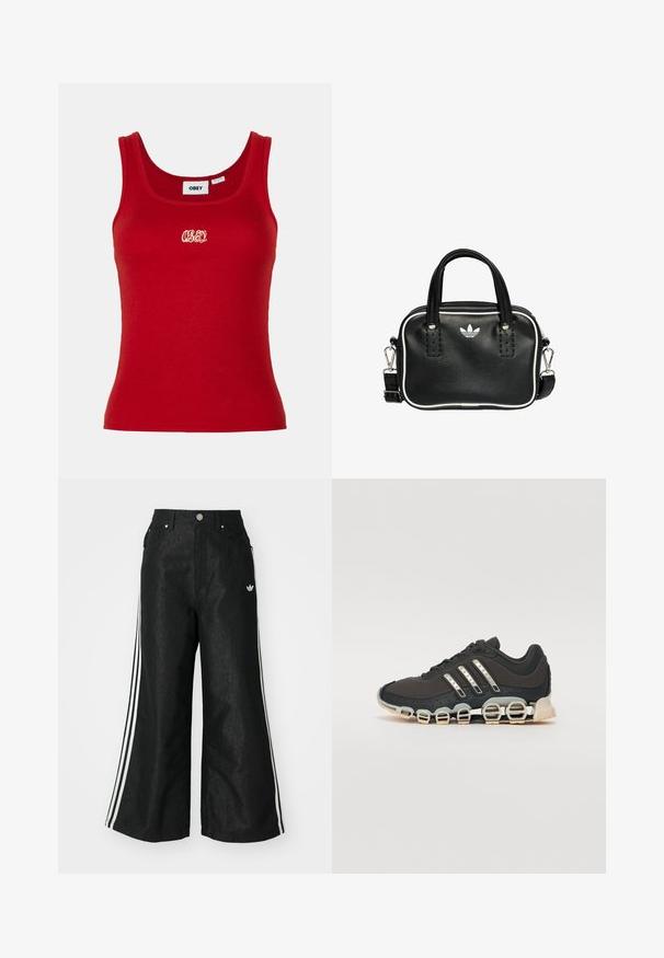 Red ribbed tank top with a round neckline and wide straps, featuring an embroidered "OBEY" logo in white at the center front.; Black wide-leg denim pants with three white stripe accents on each side and a small white logo. Features front pockets and a button closure.; Black athletic shoe with a textured upper, three silver stripes, and a distinctive cushioning sole featuring multiple integrated sections.; Black leather handbag with two short handles, silver hardware, white accents, and a white logo. Features a textured surface and compact design.