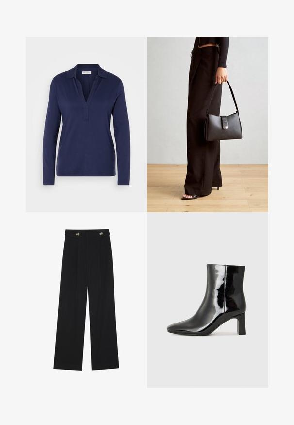 Polo majica dugih rukava u mornarsko plavoj boji s V-izrezom i ovratnikom, izrađena od glatkog materijala bez vidljivih uzoraka ili ukrasa.; Crne hlače širokih nogavica s visokim strukom, s dugmadi na pojasu i prednjim nabora.; Crne lakirane kožne gležnjače s šiljastim prstom i srednje visokom blok petom. Glatka tekstura i minimalistički dizajn.; Crna torba s oblikom koji sadrži strukturu, glađu teksturu i metalnu kopču. Uparena s širokim crnim hlačama i sandalama na otvorenom s drvenog poda.