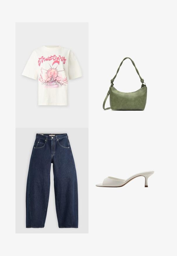 Krémové bavlnené tričko s grafickým dizajnom, na ktorom je slnko, hory a víriaca cesta v ružových a šedých tónoch. Krátke rukávy.; Tmavomodré džíny z denimu s voľným strihom, svetlým šitím, piatimi vreckami a zapínaním na gombík v páse.; Biele sandále na vysokom podpätku otvorené na špičke s hladkým povrchom, minimalistickým dizajnom a štíhlym podpätkom, s jemným hnedým akcentom na podrážke.; Zelená kožená kabelka s hladkým povrchom, zakriveným tvarom a vrkočovou rúčkou. Obsahuje zipsový uzáver a nastaviteľný popruh.