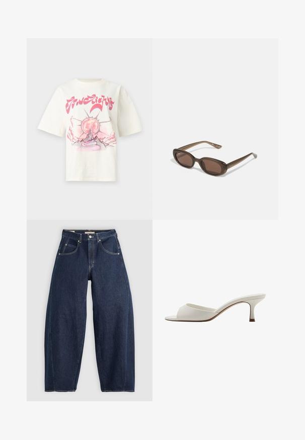 Krämfärgad bomullströja med en grafisk design som visar en sol, berg och en snirklig väg i rosa och grå nyanser. Kortsleeve.; Mörkblå denimjeans med en lös passform, ljusa sömmar, fem fickor och knappstängning vid midjan.; Vita öppna högklackade mules med en slät yta, minimalistisk design och en slank klack, med en subtil brun accent på sulan.; Bruna ovala solglasögon med mörka linser. Bågen har ett transparent brunt material och har en logotyp tryckt på stängerna.; Grön läderhandväska med en slät yta, böjd form och flätad handtag. Har ett blixtlås som stängning och en justerbar rem.