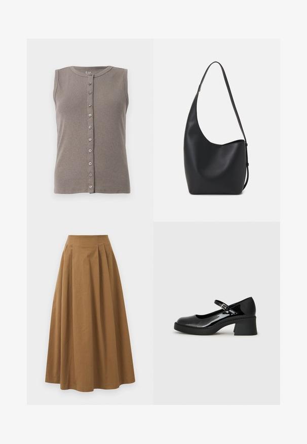 Top gri fără mâneci, cu o textură canalată și un decolteu rotund. Are un închidere frontală cu buton, cu cinci butoane dispuse uniform.; Fustă A-line din bumbac maro, cu talie înaltă, având pliseuri pe față și o textură netedă. Marginile sunt finisate curat și simplu.; Pantofii Mary Jane din piele patent neagră cu vârful rotund, curea ajustabilă și toc pătrat gros. Au o talpă texturată.; Geantă hobo din piele neagră, cu o textură netedă, formă curbată și un singur bretele ajustabil; are o deschidere largă în partea de sus.