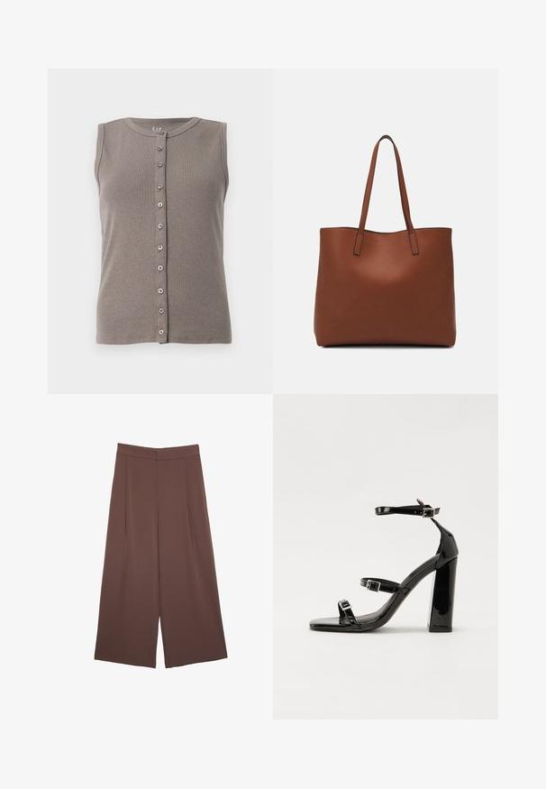 Graues ärmelloses Tanktop mit gerippter Textur und rundem Ausschnitt. Verfügt über eine Knopfleiste mit fünf gleichmäßig verteilten Knöpfen.; Braune Weite-Leg-Hosen mit einer glatten Textur, hoher Taille und Vorderfalten. Der Stoff ist leicht und fällt locker.; Schwarze patentierte Sandalen mit Absatz, quadratischer Spitze, Knöchelriemen und silbernen Schnallen. Mit einem stabilen Blockabsatz für mehr Stabilität.; Braune Leder-Tote mit glatter Textur, offenem Oberteil und zwei Schulterriemen. Verfügt über minimale Nähte und keine sichtbaren Beschläge.