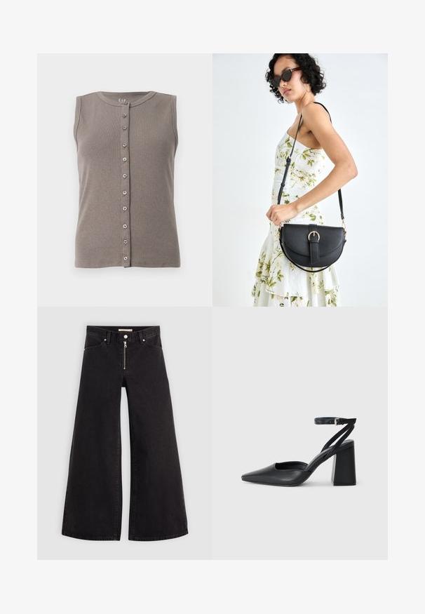 Graues ärmelloses Tanktop mit gerippter Textur und rundem Ausschnitt. Verfügt über eine Knopfleiste mit fünf gleichmäßig verteilten Knöpfen.; Schwarze Denim-Jeans mit weitem Bein, Reißverschluss vorne, Fünf-Taschen-Design und dezenten Stickdetails. Glatte Textur und lässiger Stil.; Schwarze Leder-Pumps mit spitzer Zehe, einem Knöchelriemen und einem blockigen Absatz. Flache Textur, elegantes Design und minimalistische Ästhetik.; Schwarze Lederhandtasche mit geschwungener Form, abnehmbarem Tragegurt und goldenen Beschlägen. Die Tasche verfügt über einen Deckel mit einer Schnallen-Details.