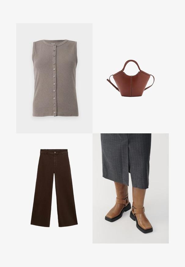 Sivi bezrukavi top s rebrastom teksturom i okruglim izrezom. Ima prednje kopčanje s pet ravnomjerno raspoređenih dugmadi.; Smeđe široke hlače od pamuka, s raspucanim rubom, prednjim kopčanjem na dugme i klasičnim dizajnom s pet džepova. Minimalističke i svestrane.; Smeđe kožne čizme do koljena s kvadratnim vrhom, crnim gumenim potplatom i detaljima s podesivom kopčom. U kombinaciji s sivoj suknji s prugama.; Smeđa kožna torba koničnog oblika, čvrste ručke i kontrastnog bijelog šava. Sadrži odvojivi remen za rame radi svestranosti.