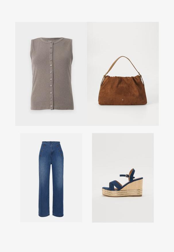 Szürke ujjatlan trikó, bordázott textúrával és kerek nyakkivágással. Öt egyenletesen elhelyezett gombból álló gombos elejű záródással rendelkezik.; Közepesen kék, magas derekú farmernadrág. Elöl gombos részletek és széles szárú kialakítás jellemzi. Az anyaga sima tapintású, enyhén megfakult.; Tengerészeti kékszínű wedges szandál keresztbe fölmérő pántokkal, texturált természetes rostból készült talppal, és arany fémes díszítéssel az alján.; Barna velúr kézitáska, gyűjtött kialakítással, egyetlen világosbarna bőrszíjjal és egy diszkrét arany logós részlettel az elején.