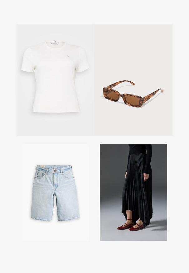 Valge lühikeste varrukatega T-särk, mis on valmistatud puuvillast. Omab ümmargust kaelust ja väikest logo vasakul rinnal. Sile tekstuur ja keha lähedane lõige.; Heledad sinine teksapüksid sirge lõikega, viie taskuga, vöökohaga ja nööbiga kinni pandud. Pehme tekstuur ja tuhmuvad alad.; Mustmust seelik kõrgema ees- ja madalama taga servaga, kombineeritud läikivate punaste sussidega, millel on rihma kujundus. Kangas on sileda tekstuuriga.; Kilpkonna kestaga prillid, millel on ristkülikukujulised pruuni värvi objektiivid, paks raam ja peened käed, millel on erinevate pruunide toonide muster.; Hõbedased rõngaskõrvarõngad, millel on sile, läikiv viimistlus. Ümmargune kuju ja turvaline klõpsulatus. Kerge disain, sobib igapäevaseks kandmiseks.