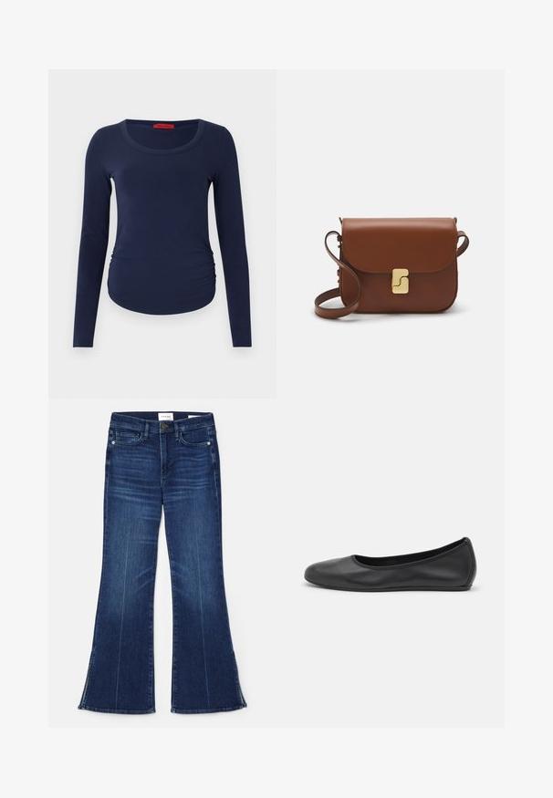 Langärmliges, navy-blaues T-Shirt aus weichem Material, mit einem Rundhalsausschnitt und einer Raffinesse an der Seite für einen taillierten Look.; Dunkelblaue, ausgestellte Jeans aus Denim. Mit hoher Taille, vorderen Taschen und Schlitzen am Saum. Klassisches Fünf-Taschen-Design.; Schwarze Leder-Ballettschuhe mit abgerundeter Spitze, glatter Textur, minimalen Nähdetails und einem flexiblen Sohlen-Design.; Braune Ledertasche mit Klappenverschluss, Beschlägen in Goldfarbe, einem Schultergurt und einer glatten Oberfläche. Kompakte rechteckige Form.