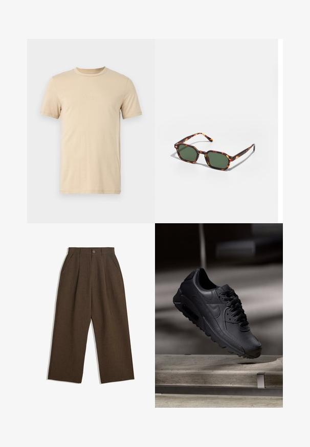 Beige színű pamut póló rövid ujjakkal, kerek nyakkal és dombornyomott LOGO felirattal az elején. Simább textúrájú, szabványos szabással.; Rövid ujjú, sötétbarna, texturált anyagból készült ing. Gombos elülső része van, valamint két mellzsebe. Hétköznapi dizájn, laza szabású.; Barna, redőzött nadrág, széles lábakkal, gombos záródással és oldalsó zsebekkel, struktúrált anyagból, amely alkalmas hétköznapi viseletre.; Fekete Nike Air Max sportcipők texturált bőr felsőrészével, gumitalpával és kiemelkedő fűzőrendszerével, amely egy letisztult, modern dizájnt mutat be.; Tortoise mintás napszemüveg zöld lencsékkel, nyolcszögletű kialakítással és vékony, ívelt karokkal. Az anyag fényes felületű.