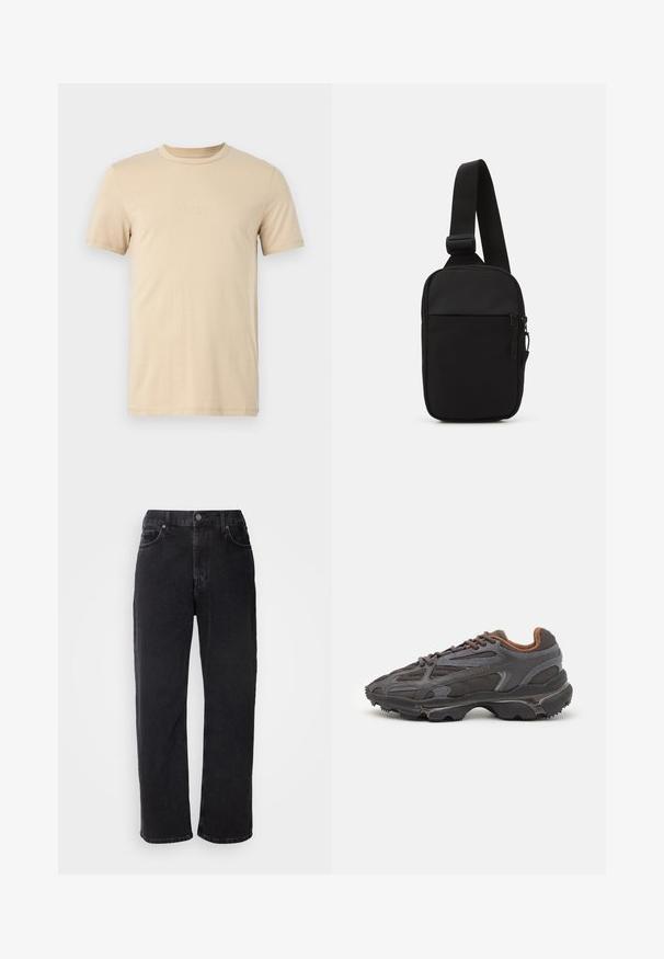 Beige cotton t-shirt with short sleeves, a crew neckline, and embossed LOGO text on the front. Smooth texture and standard fit.; Black denim jeans with a straight cut, five pockets, and contrasting stitching. Features a button closure and belt loops on the waistband.; Lacoste sneakers in dark gray with mesh and synthetic material, featuring a textured sole and brown accents on the collar and branding.; Black crossbody bag made of durable fabric, featuring a single adjustable strap, a zippered main compartment, and a front pocket.