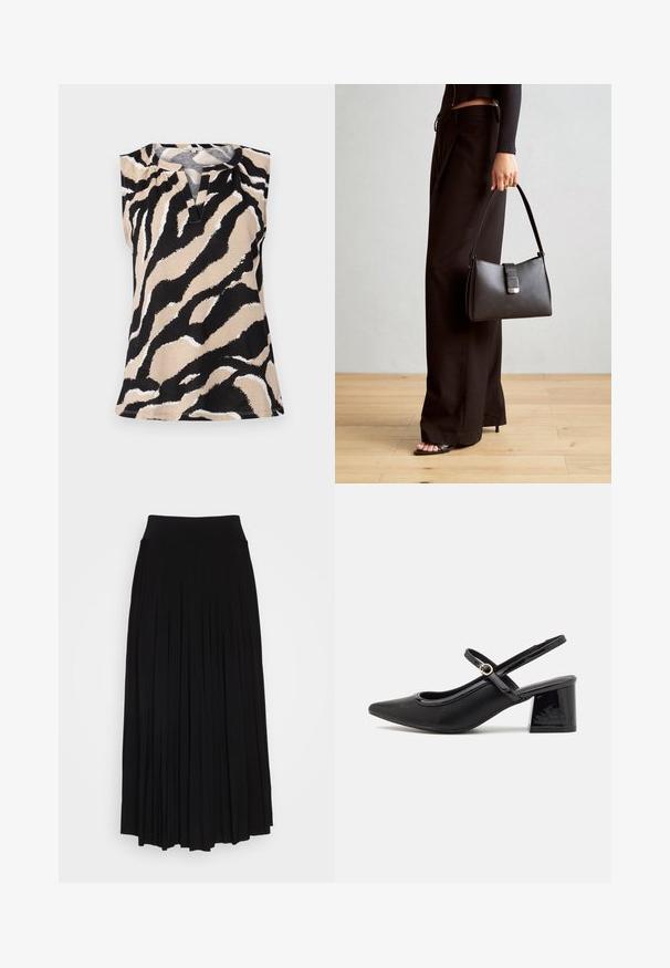 Ärmlös topp i en beige tyg med ett iögonfallande svart-och-vitt zebramönster. Anmärkningsvärd V-ringning och texturerad yta.; Svart plisserad kjol med högt, elastiskt midjeband. Tillverkad av mjukt tyg, med vertikala plisseringar för en flytande silhuett.; Svarta lackläder slingback-klackar med spetsig tå, en rundad utskärning och en blockklack. Utsmyckad med en spänne i guldton.; Svart handväska med strukturerad form, slät yta och metallspänne. Matchad med vida svarta byxor och sandaler med öppen tå på trägolv.