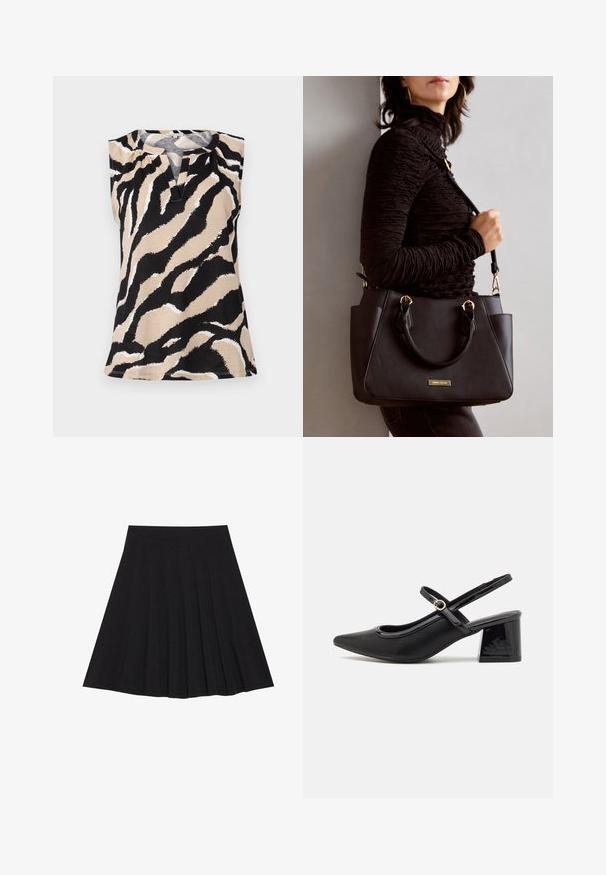 Ujjatlan felső bézs szövetből, amely merész fekete-fehér zebra csíkozással díszített. Különleges V-nyakkivágás és texturált felület jellemzi.; Fekete, pliszírozott szoknya texturált anyagból, szűk derékpánttal. Térd alá ér, sima, letisztult vonalvezetéssel.; Fekete lakk bőr, pántos magassarkú cipő, hegyes orral, lekerekített kivágással és tömbsarkal. Arany színű csat díszíti.; Fekete kézitáska texturált felülettel, dupla felső fogantyúval és állítható vállpánttal. Arany színű fém kiegészítők és oldalsó zsebek találhatók rajta.