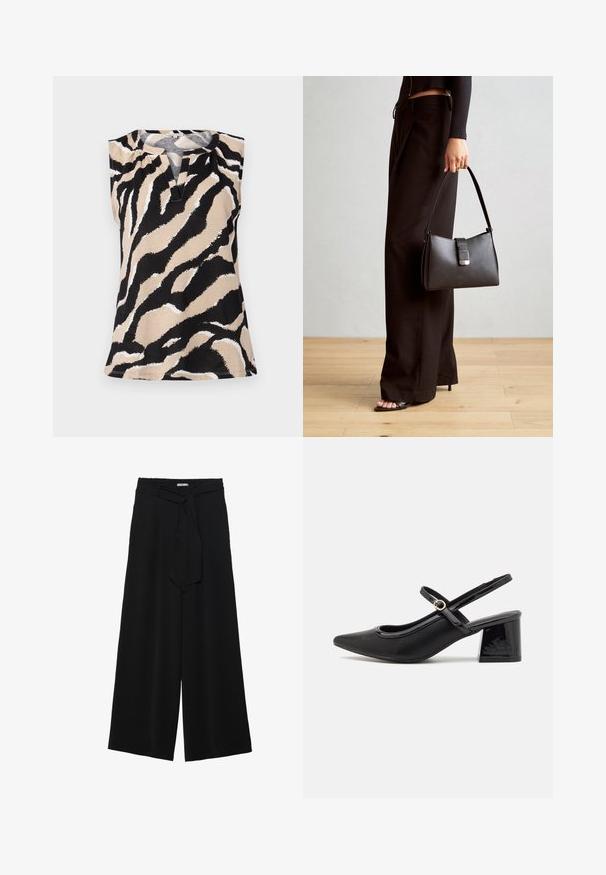 Beidzies krekls izgatavots no beiga auduma ar drosmīgu melnbaltu zebras svītru rakstu. Izceļas ar V veida kakla izgriezumu un reljefa apdari.; Melni platleņķa bikses ar teksturētu audumu, elastīgu jostu un noņemamu siksnu viduklī, kas nodrošina regulējamu piegulšanu.; Melns patentēts ādas sandales ar norādīta pirksta formu, noapaļotu izgriezuma dizainu un bloķētu papēdi. Iezīmēta ar zelta toņa sprādzi.; Melnā somiņa ar strukturētu formu, gludu tekstūru un metālu sprādzi. Saskaņota ar platām melnām biksēm un sandālēm ar atvērtu purngalu uz koka grīdas.