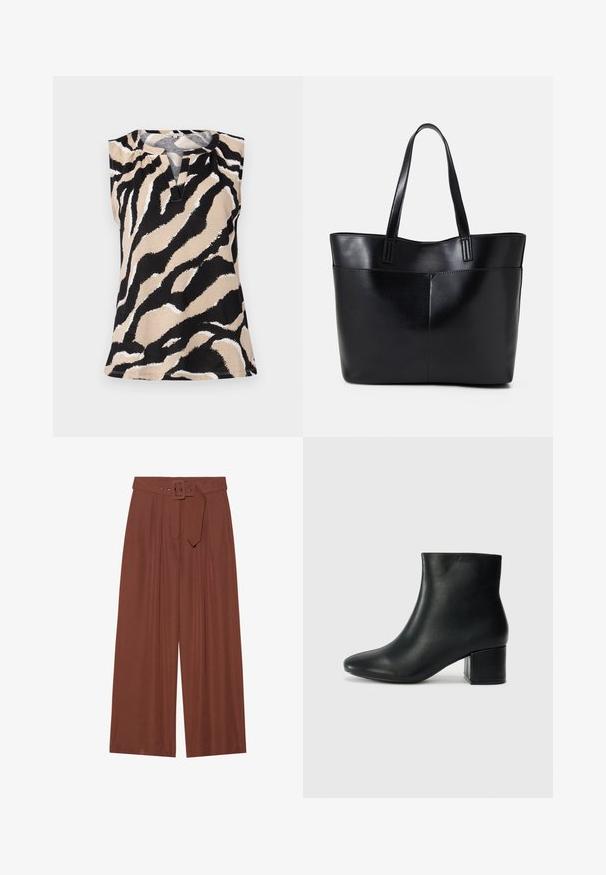 Sleeveless top in a beige fabric featuring a bold black and white zebra stripe pattern. Notable V-neck and textured finish.; Wide-leg trousers in brown fabric, featuring a belt with a square buckle, pleated design, and smooth texture.; Black leather ankle boots with a pointed toe and a chunky heel. Smooth texture with minimal accents and a sleek, fitted design.; Black leather tote bag with two long handles, a smooth texture, and a structured shape. Features a front pocket for additional storage.