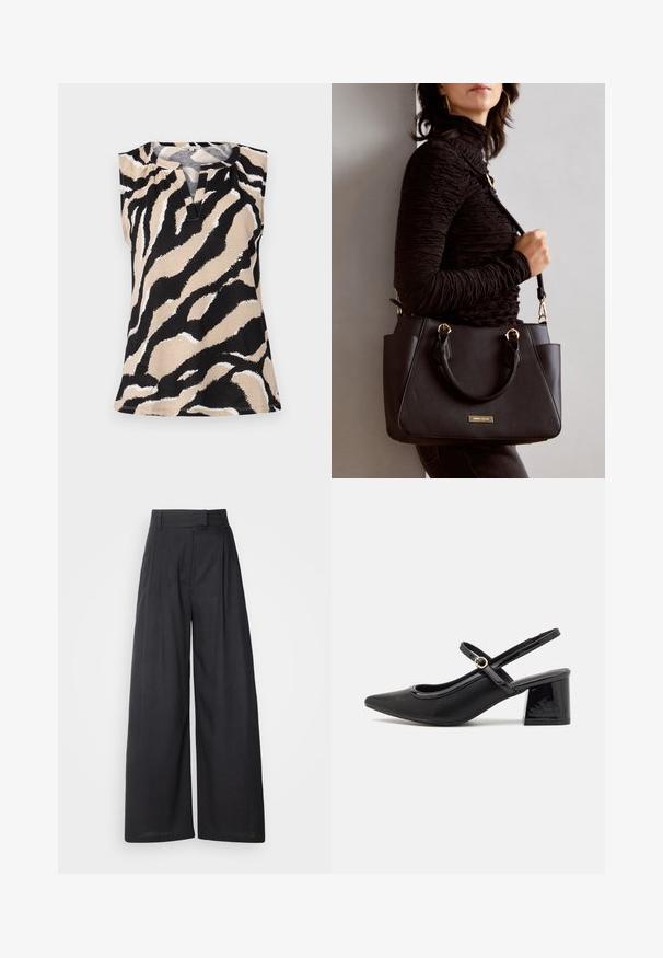Top senza maniche in un tessuto beige con un audace motivo a strisce zebra bianco e nero. Nota scollatura a V e finitura testurizzata.; Pantaloni a gamba larga scuri con vita strutturata e pieghe. Realizzati in tessuto leggero, presentano una texture liscia e senza motivi visibili.; Décolleté in vernice nera con cinturino dietro, punta affusolata, design con ritagli arrotondati e tacco a blocco. Presenta un accento di fibbia tono oro.; Borsa nera con superficie texturizzata, manici superiori doppi e tracolla regolabile. Dotata di hardware color oro e tasche laterali.