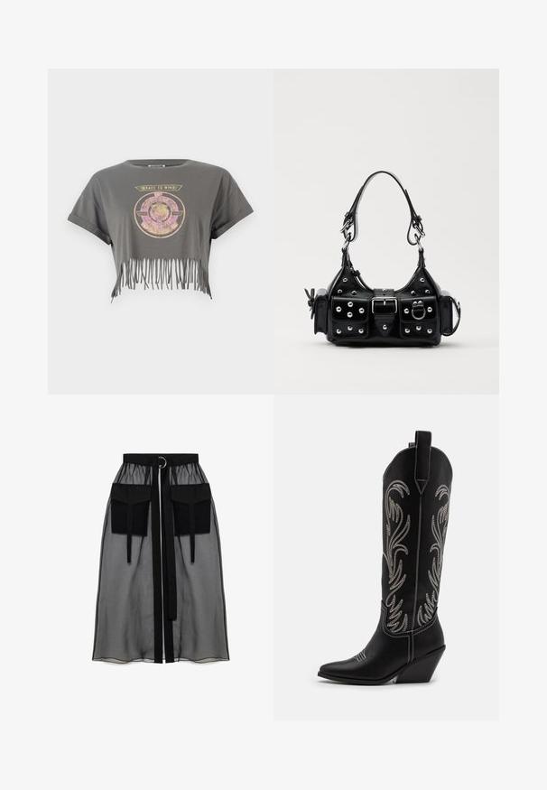 Pelēks saīsināts t-krekls ar īsām piedurknēm, kurā ir lauvas grafika un teksts "RACE TO WIN", pabeigts ar frizu apakšmalu. Mīksts kokvilnas materiāls.; Melnā caurspīdīgā svārka ar salikto jostasvietu, kas ietver divas lielas priekšējās kabatas, jostas saitīti un apaļu metāla akcentu.; Melnas ādas kovboju zābakus ar norādītām pirkstiem, sānām paceltu papēdi un sudraba izšūtām ziedu rakstiem gar zābaka kāju. Kontrasta dūrieni visā zābakā.; Melnas ādas rokturmais ar izliekumu, ar sudraba iedurtiem, sprādzi un divām sānu kabatām. Regulējams siksniņas garums dažādām nēsāšanas iespējām.