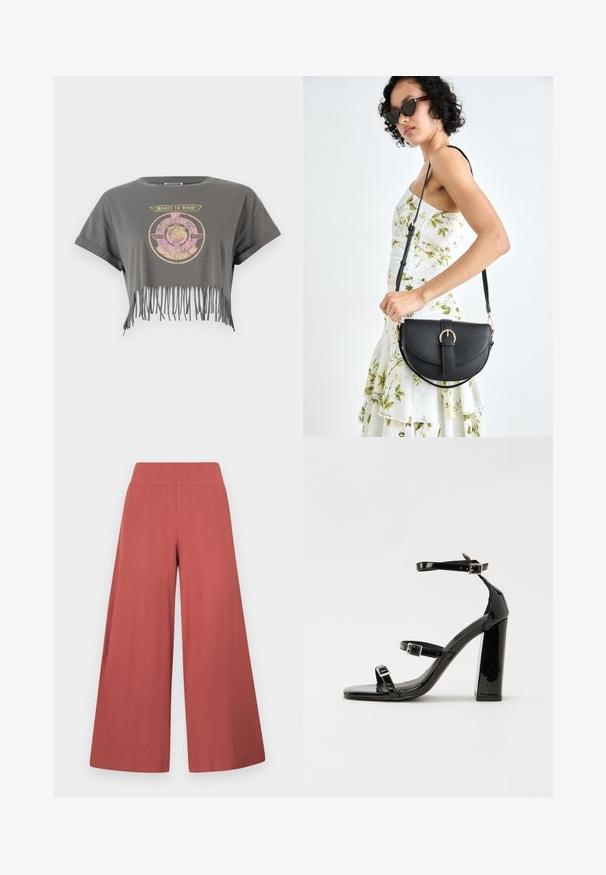 Camiseta gris de corte corto con mangas cortas, con un gráfico de león y el texto "CARRERA POR GANAR", finalizada con un dobladillo con flecos. Material de algodón suave.; Pantalones de pierna ancha en color óxido, hechos de tela texturizada con nervaduras verticales. Presentan una cintura alta y elástica.; Sandalias negras de charol con tacón alto, dos correas con hebilla, punta cuadrada y tacón grueso, con una textura lisa y brillante.; Bolso de piel negra con forma curva, correa desmontable y herrajes dorados. El bolso cuenta con una solapa con un detalle de hebilla.